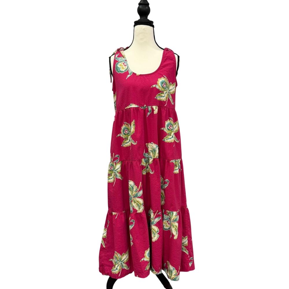 Faherty Lanai Seersucker Orchid Blossom Organic Cotton Tiered Resort Dress Small